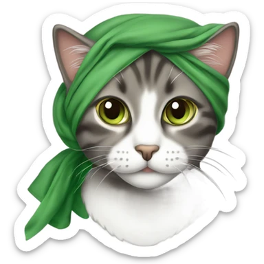 Dark grey brown tabby cat with green eyes wearing a head scarf sticker