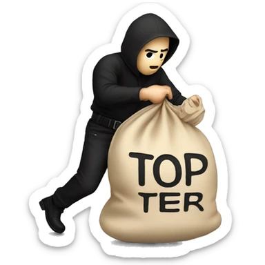 Thief wearing all black clothes actively stealing a beige money bag with the words Top Tier embroidered on it sticker