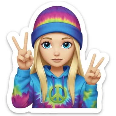 White woman with long blonde straight hair and blue eyes with long eyelashes and tiedye hoodie. i would like for her to be doing a peace sign with one hand and a thumbs up with the other hand. i want her to be wearing a black beanie with an alien face on it sticker