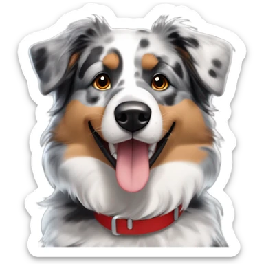 Blue merle Australian Shepherd with a mix of gray, black, and tan fur, tan eyebrows and cheeks, bright brown eyes, fluffy ears tipped in black, a big open smile, and a red collar with tags. Focus on tan accents and minimal white fur. sticker