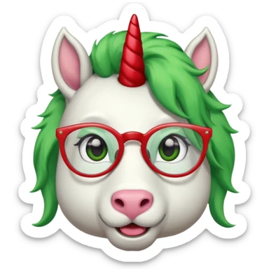 white furred unicorn with green hair and big red earrings looking into camera and spectacle and biiiggg earrings sticker