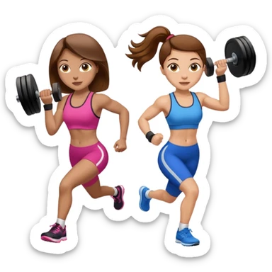 two women. the left one is running. the right one is lifting weights. they have brown hair, light skin, hazel eyes. sticker
