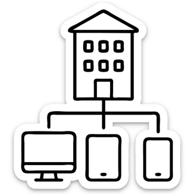 black and white outlined icon of a building with computers and devices connected sticker