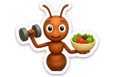 EMOJI STILE IPHONE 3D DI UNA formica CHE ha un manubrio da palestra nella mano destra e un insalata nella mano sinistra, FAGLI GLI OCCHI CON LA PARTE BIANCA, NON SOLO LA PUPILLA sticker