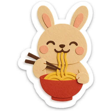 beige bunny happily slurping noodles, using correct chopstick appearance, paper-craft style sticker