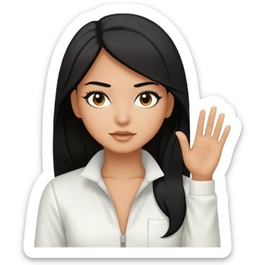 Tan medium length black hair black eyes light makeup white jumpsuit sticker