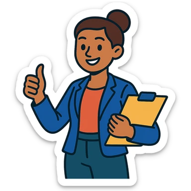 a cheerful and confident female project manager in a business casual outfit, smiling sticker
