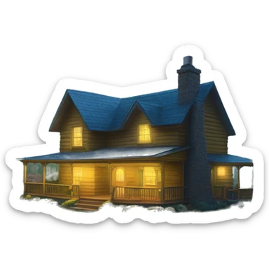  very very big Cabin near a big tree.  Thick moss growing on the roofs. The cabin thick grass fields. porch lights turned off. bright white interior lights turned on. guests sitting in chairs on the porch, flowers and bushes yellow and blue, near Scooby  sticker