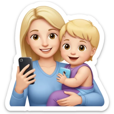 happy mother holding phone taking selfie with smiling baby sticker