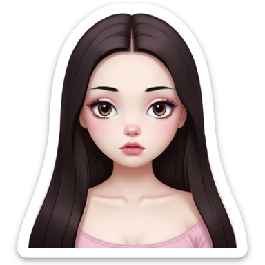 girl with white skin, dark brown long realistic straight hair with middle part prominently falling in front of her body over her shoulders, very big pouty extra shiny lips with absolutely no cupid's bow, big round shiny eyes with black eyeballs and huge eyelashes, no eyeshadow, pink blush on cheeks, lighter button nose, extremely long oval-shaped face, wearing a pink off-shoulder top, looking directly at camera with hands down at sides sticker