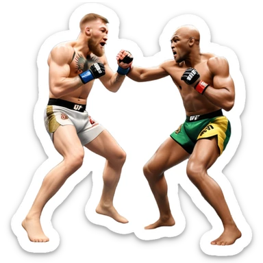 An MMA showdown between Conor McGregor and Anderson Silva in the octagon. McGregor is executing a jumping strike, while Silva skillfully deflects the attack. The background shows the UFC octagon with roaring fans and vibrant energy. Transparent background. sticker