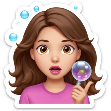 girl with long wavy brown hair, brown eyes, light to medium complexion, in a pink shirt, pink lips, long lashes, surprised, wow bubble sticker