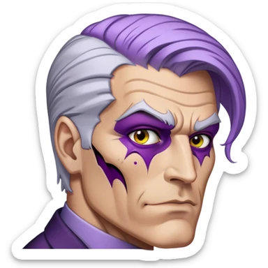 two-face, harvey dent, batman villian, right side of face purple, grey hair sticker