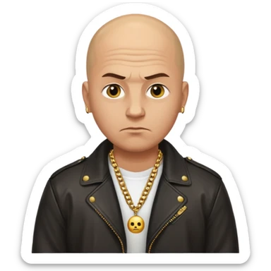 Bald Russian 1990s gangster emoji, leather jacket, gold chain, serious face sticker