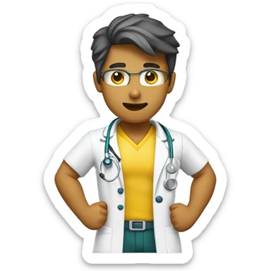 young male doctor flexing one of his biceps, yellow skin, using 2 colors: #ff9800 and #32b5a5 sticker