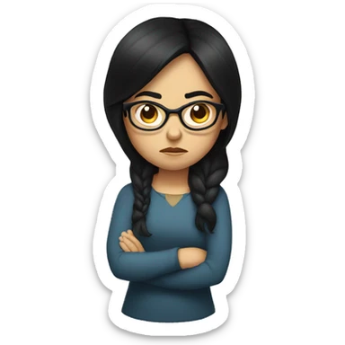 Angry scowling girl, long black hair, wearing glasses, with arms crossed over chest. sticker