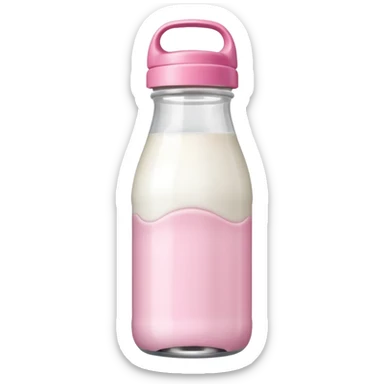 Clear baby milkbottle with a pink top and white milk inside of the bottle sticker
