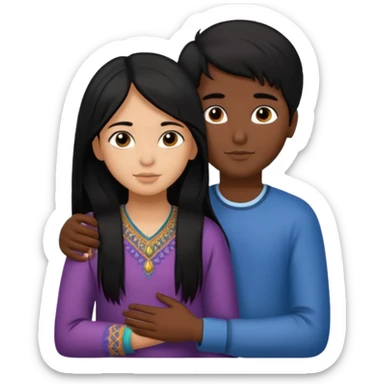 An Afghan girl and Indian boy who are in long distance relationship hug each other from distance. sticker