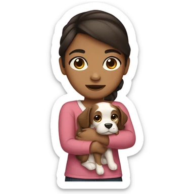 A girl with a mixed skin tone and dark brown hair with a bow and a puppy in her arms sticker