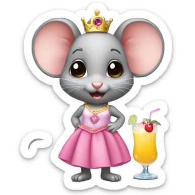 A cute little mouse wearing a princess skirt and drinking a cocktail sticker