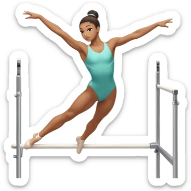 Professional gymnast performing a dynamic routine on parallel bars, captured mid-air in an elegant flip. The background features a well-lit gymnastics arena with a cheering audience. The athlete's posture and expression convey strength, control, and perfect coordination. sticker