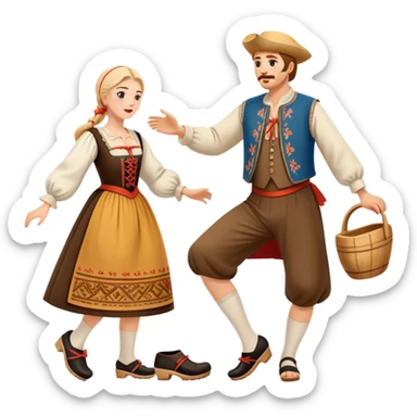 Cinematic Realistic scene of two performers executing the Klompendans, dressed in traditional Dutch costumes complete with wooden clogs and detailed folk patterns, captured in lively motion with soft, natural lighting sticker