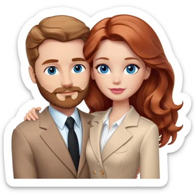 Barbie girl  , eyes blue , Chestnut red long wavy hair In pale beige clothes, Hugs a man with light brown hair Short hair , brown eyes , With a beard and a black suit sticker
