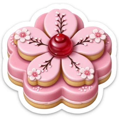 Realistic shortbread cookie in the shape of a cherry blossom with pale pink color jelly middle filling and sprinkled powder sugar on top. sticker