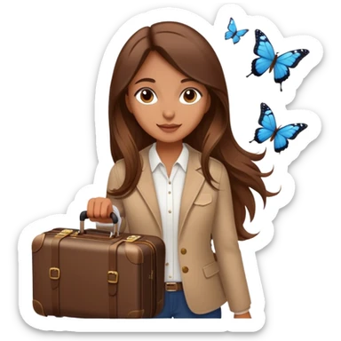Girl with long brown hair with a suitcase, ready for travel, passport in hand and butterflies around her elegant sticker