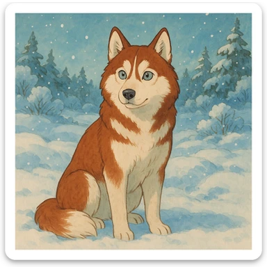 red siberian husky with blue eyes sitting in the snow sticker