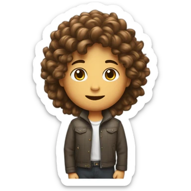 Un garçon brun avec des cheuveux bouclés qui a le stand de the World  sticker