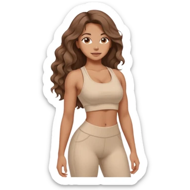 Create dream body girl with big glute and small waist and brown wavy long hair with pastel beige gym clothes  sticker