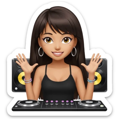 generate a pretty bratz girl in black cami top, dark brown straight long hair with bangs, eyeliner on, djing sticker