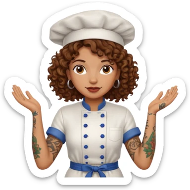 Cook who has curly brown hair, with tattoos on her arms sticker