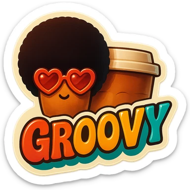 Tall coffee cup, no mouth, afro, heart glasses, giant groovy sign sticker