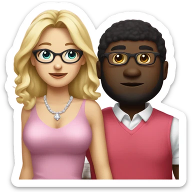 White blonde woman in a pink dress and diamond necklace standing next to emoji black man with glasses wearing red shirt glasses standing next to white eoman sticker