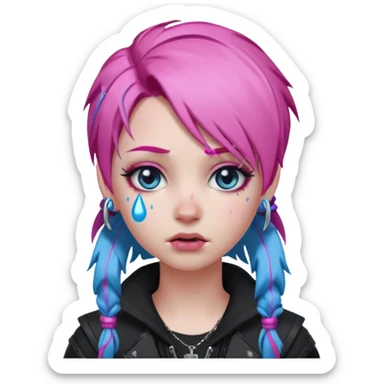 Twitch emoji style Haze from Fortnite crying with big blue tears, pink hair, and gothic fashion elements sticker