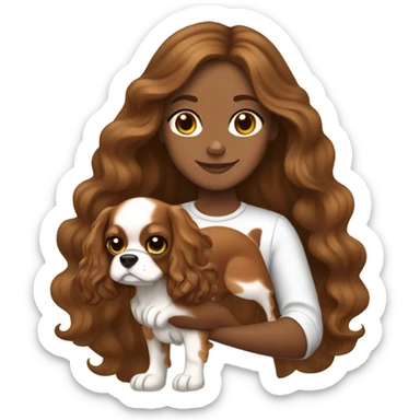 tan girl with long wavy brown hair, holding a brown and white cavalier King Charles spaniel dog sticker