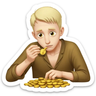 A hunched man with a greedy expression and a long nose counting his coins sticker