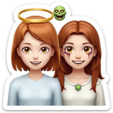 девушка ангел с нимбом и крыльями, с рыжими прямыми волосами по плечи, с улыбкой, стоит рядом с девушка зомби с темными длинными прямыми золосами, со злым выражением лица и ровными белыми зубами в стиле Apple avatar sticker