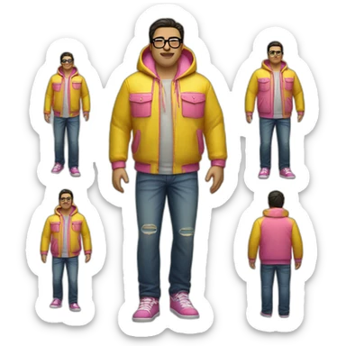 fat man with dark hair,a vibrant long yellow jacket, pink glasses, short jeans shorts. Show full lenght peson sticker