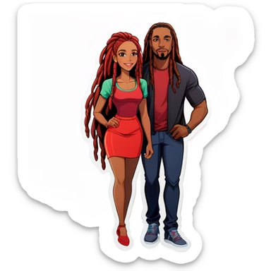 brownskin woman with red long middle part hair & a brownskin man with shoulder then dreads  sticker