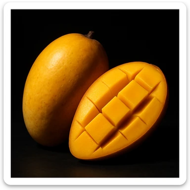 A ripe yellow mango, one half whole and one half sliced, dramatic studio lighting, black background, high detail, photo-realistic style sticker