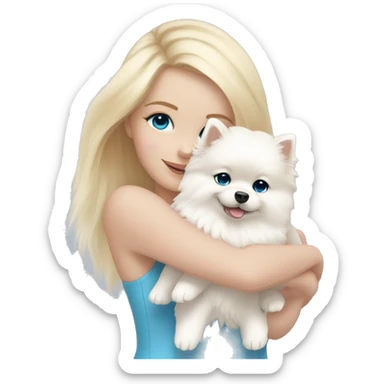 Blond girl white skin blue eyes hugging white Pomeranian with light pink bow sticker
