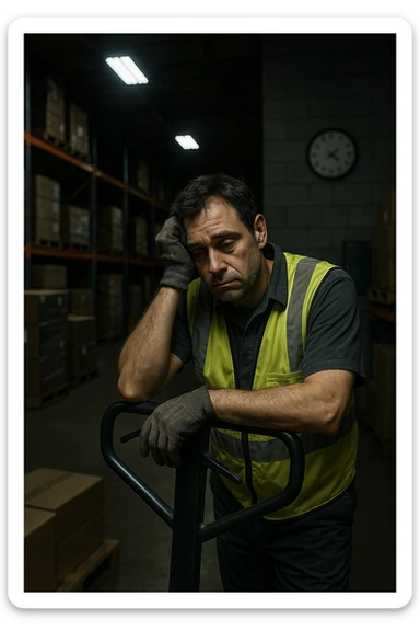 a tired warehouse worker in his 40s, wearing a reflective vest and work gloves, stands under harsh fluorescent lights in a large, dimly lit warehouse. He leans on a pallet jack, eyes heavy with fatigue and dark circles under them. Stacks of boxes and shelves loom in the background, and a wall clock shows it’s the middle of the night. The mood is somber and empathetic. sticker