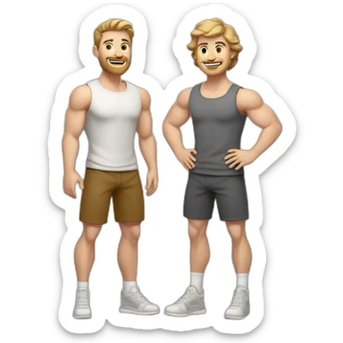 Full height Actively gesturing with hands Pale skinned Fit Man With the biceps and light brown hair with Bristle in dark gray Sleeveless Mike, brown oversize sports shorts and white Sneakers sticker