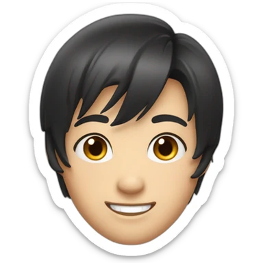 a round face, short dark hair styled in a classic side-parted manner, fair skin, and a broad smile revealing their upper teeth sticker