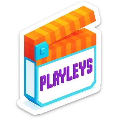 voxel style movie clapperboard with the text 'PLAVLEYS', orange lid, white body, isometric view sticker