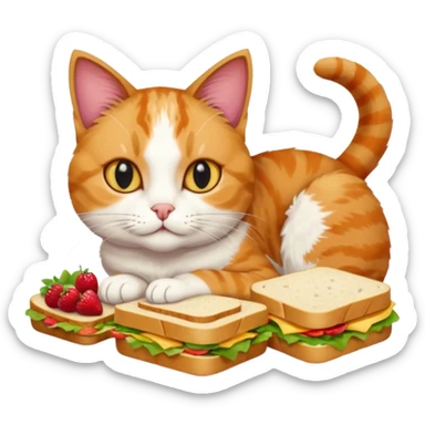 Cat in a grocery store on the floor with fruit and sandwiches in the background  sticker