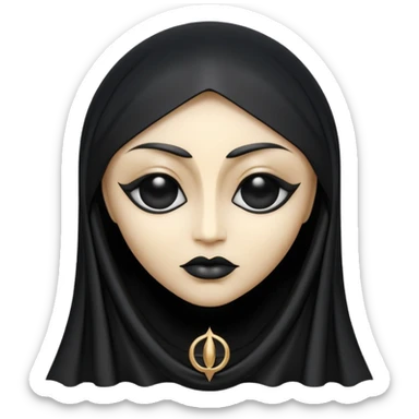 Emoji style, gothic religious icon inspired by madonna imagery, single eye motif formed from black metal, draped metallic folds, high-fashion avant-garde aesthetic, heavy sculptural form, no glow, no neon, flat minimalist emoji, centered, transparent background sticker